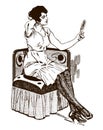 Woman from the 20s sitting on an arm chair, wearing an underdress, holding a hand mirror and arranging her hair