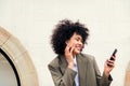 woman with earphones enjoys making a video call Royalty Free Stock Photo