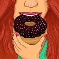 Woman eat donut with chocolate glaze hand drawing portrait