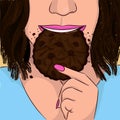 Woman eat double chocolate cookie hand drawing portrait