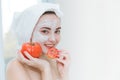 Woman Eat Tomato healthy spa skin care concept Royalty Free Stock Photo