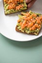 Woman eating avocado smoked salmon on sunflower seed whole grain bread slice with sesame seeds for breakfast or snack on mint Royalty Free Stock Photo