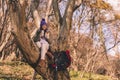 Woman eating breakfast while taking a hiking break Royalty Free Stock Photo