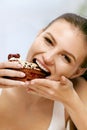 Woman Eating Cake. Beautiful Female Eating Dessert