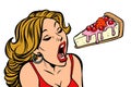 Woman eating cake. Sweet dessert