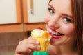 Woman eating delicious sweet cake. Gluttony. Royalty Free Stock Photo