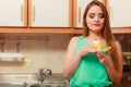Woman eating delicious sweet cake. Gluttony. Royalty Free Stock Photo
