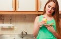 Woman eating delicious sweet cake. Gluttony. Royalty Free Stock Photo