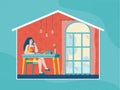 Woman eating food at home - cartoon girl sitting at kitchen table with meal Royalty Free Stock Photo