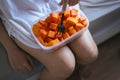 Woman eating fresh fruits papaya slices,Concept healthy food Royalty Free Stock Photo