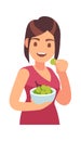Woman eating healthy food. Girl eats meal. Hungry female character with bowl with grape, lunch or dinner time promotion