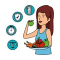 woman eating healthy food and set icons