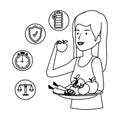 woman eating healthy food and set icons