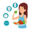woman eating healthy food and set icons