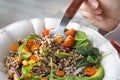 Woman eating healthy quinoa salad with vegetables from plate Royalty Free Stock Photo