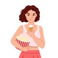 Woman eating ice cream and holding big bucket of popcorn. Food craving, increased appetite. Flat cartoon character.