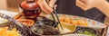 Woman eating japanese food in a japanese food restaurant BANNER, LONG FORMAT Royalty Free Stock Photo