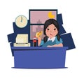 Woman eating junk food and soda at work. working late night - vector Royalty Free Stock Photo