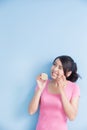 Woman eating lemon feel sour Royalty Free Stock Photo