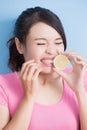 Woman eating lemon feel sour Royalty Free Stock Photo