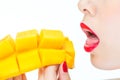 Woman eating mango, sexy, healthy, lipstick, desire, bite