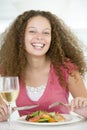 Woman Eating meal, mealtime With A Glass Of Wine Royalty Free Stock Photo