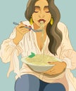 The woman is eating pasta. Large portion of spaghetti on a plate. A young girl eats with an appetite, a fork in her hand. Oriental