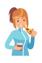 Woman eating pizza. Hungry female character with tasty fast food and soda drink, italian lunch time with unhealthy snack Royalty Free Stock Photo