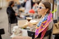 Woman eating pizza at italian restaurant outdoors Royalty Free Stock Photo