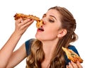 Woman eating pizza. Student consume fast food on table.