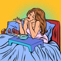 Woman eating porridge. Breakfast in bed Royalty Free Stock Photo