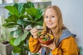 Woman eating Raw Organic Poke Bowl with Rice and Veggies close-up on the table. Top view from above horizontal Royalty Free Stock Photo