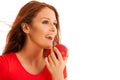 Woman eating red apple isolated over white backgoround Royalty Free Stock Photo