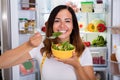 Woman Eating Salad In Front Of Refrigerator Royalty Free Stock Photo