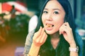 Woman eating Chinese steamed dumpling Royalty Free Stock Photo