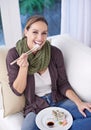 Woman, eating sushi and food in living room, portrait with lunch or dinner, Japanese cuisine and seafood with chopsticks