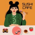 Woman eating sushi rolls. Japanese traditional food flat abstract style, hand drawn girl enjoys asian food. Vector art Royalty Free Stock Photo