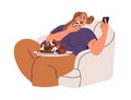 Woman eating sweet dessert, cake with phone in hand. Person overeating unhealthy sugar food, snack, pastry, confection