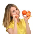 Woman eating tangerine mandarin fruit Royalty Free Stock Photo