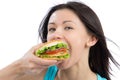 Woman eating tasty fast food unhealthy burger