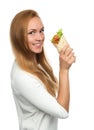 Woman eating tasty unhealthy burger twisted sandwich in hands Royalty Free Stock Photo