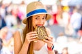 Woman eating traditional slovenian dessert Royalty Free Stock Photo