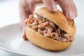 Woman eating typical German Friesland cuisine is north sea crab bun as fast regional snack