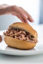 Woman eating typical German Friesland cuisine is north sea crab bun as fast regional snack