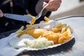 Woman eating typical German Friesland deep fried Pollack fish in beer batter with French fries, mayonnaise, sauce tartar and