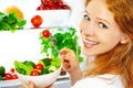 Woman eats healthy food vegetable vegetarian salad about refrige Royalty Free Stock Photo