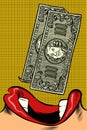 Woman eats money. Pop art style. Female mouth