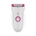 Woman electric shaver pink design realistic vector illustration. Personal hygiene body hair remover