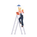Woman electrician screwing light bulb lamp into ceiling chandelier standing on step ladder