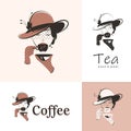 A woman in an elegant hat drinks coffee or tea. Vinage style logo options.